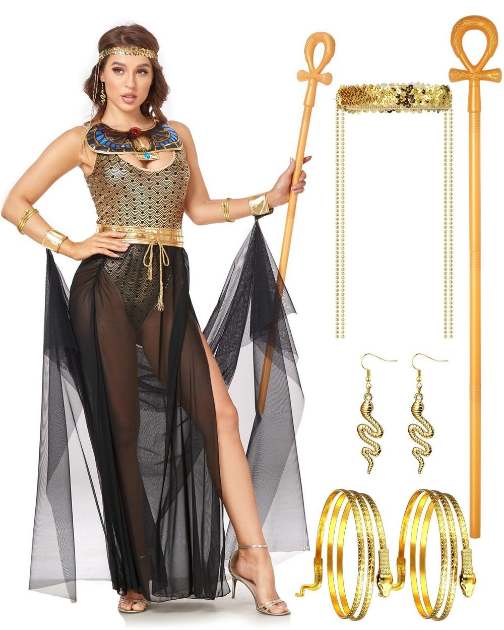 5530 7 Pcs Halloween Cleopatra Costumes Egyptian Dress Snake Headpiece